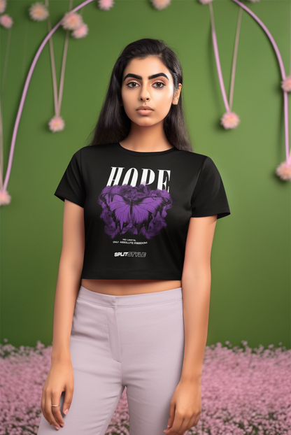 Ladies Cropped Tee/Purple Butterfly