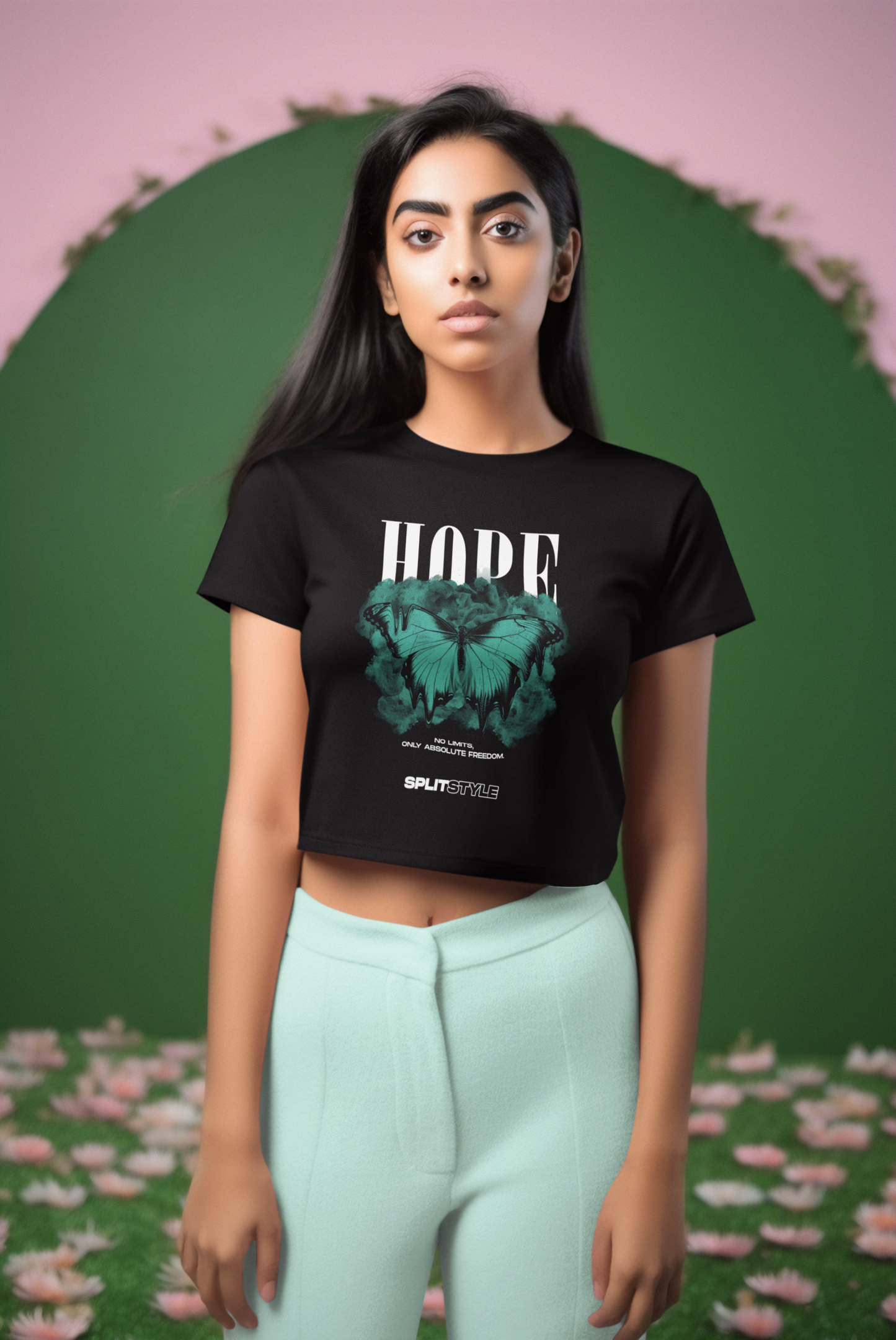 Ladies Cropped Tee/Green Butterfly